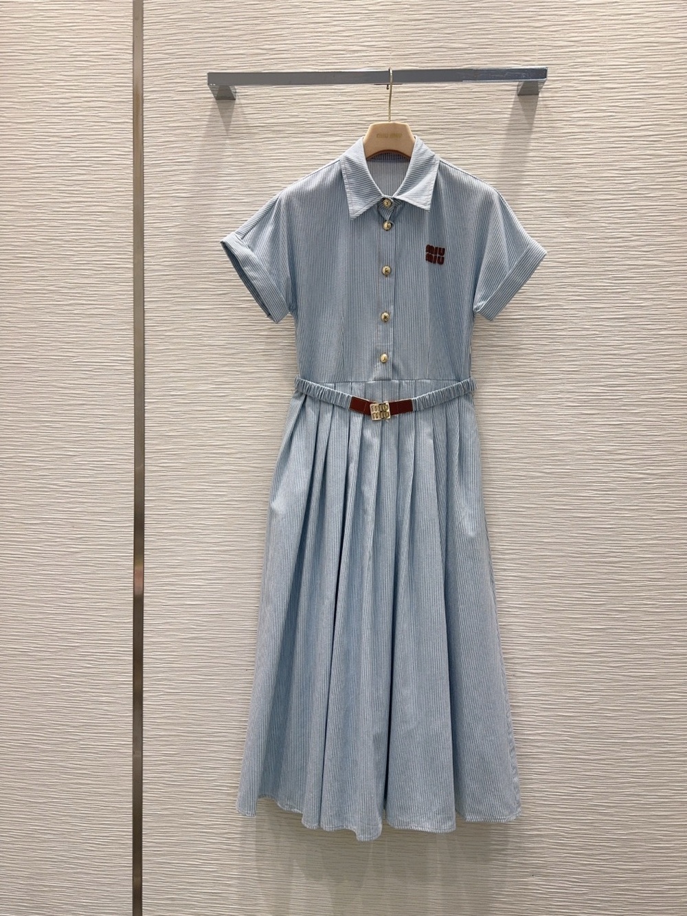 Miu Miu Light Blue Pleated Shirtwaist Dress with Belt